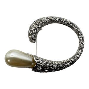 Vintage Silver-Tone Rhinestone Faux Pearl Teardrop Brooch 2”